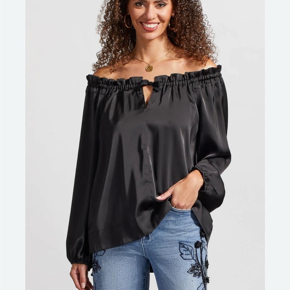 NWT Vintage Two girls and A Guy Black Silk Long Sleeve Blouse Off Shoulder Top